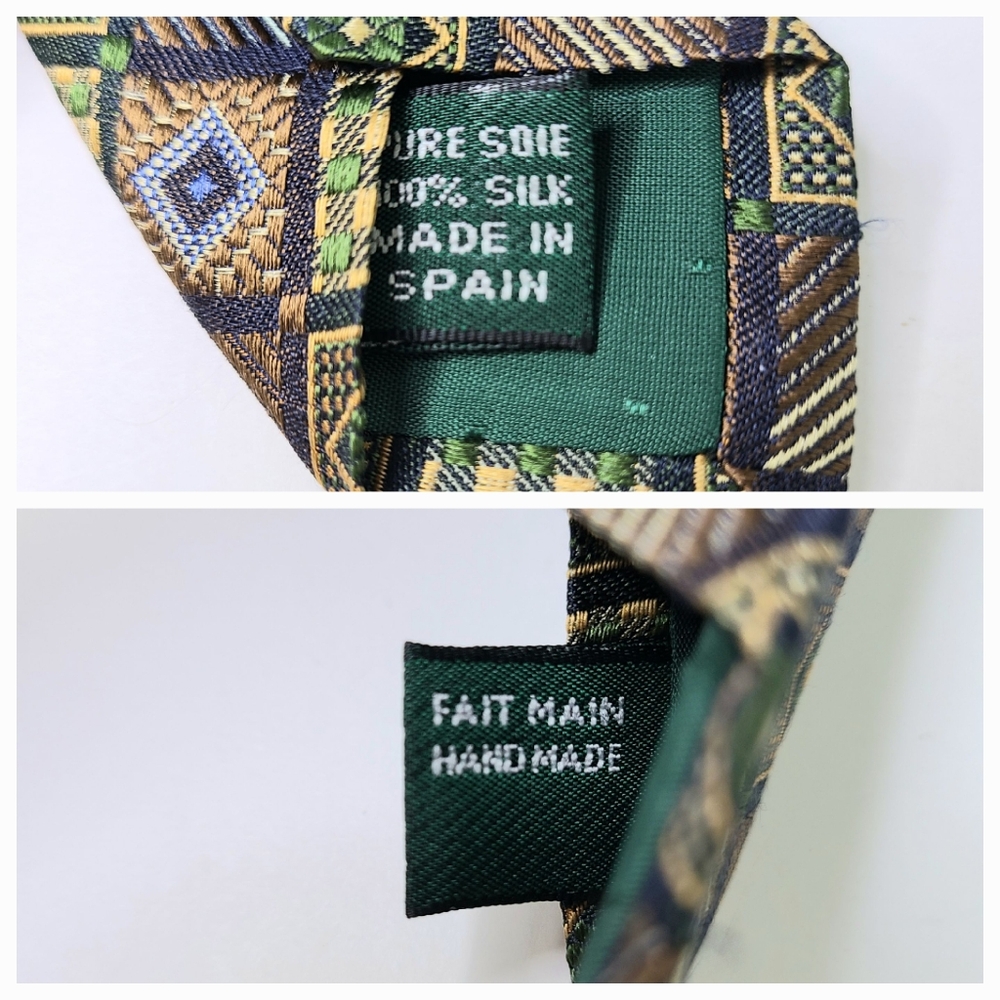 Rochas Paris Green Brown Checkered Graphic Print Woven Silk Tie - Picture 6 of 8